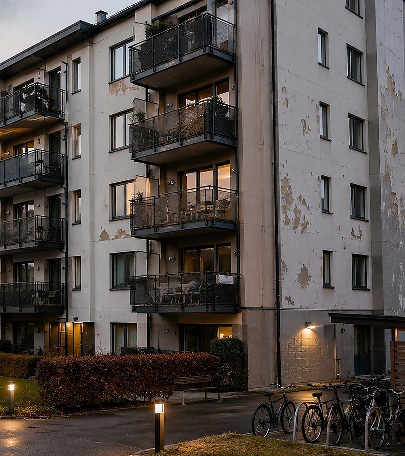 Byggets fasade og balkonger — der prioriteringen begynner